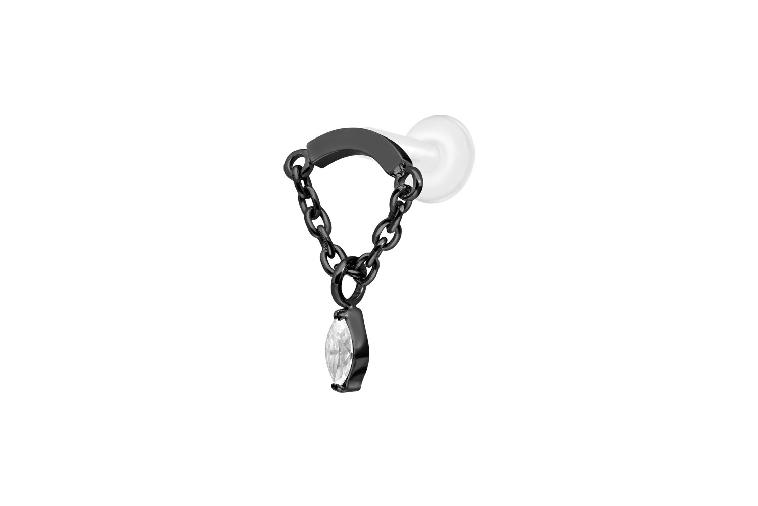 PTFE Labret Piercing mit Innengewinde + Titan-Aufsatz BOGEN + KETTE + KRISTALLTROPFEN
